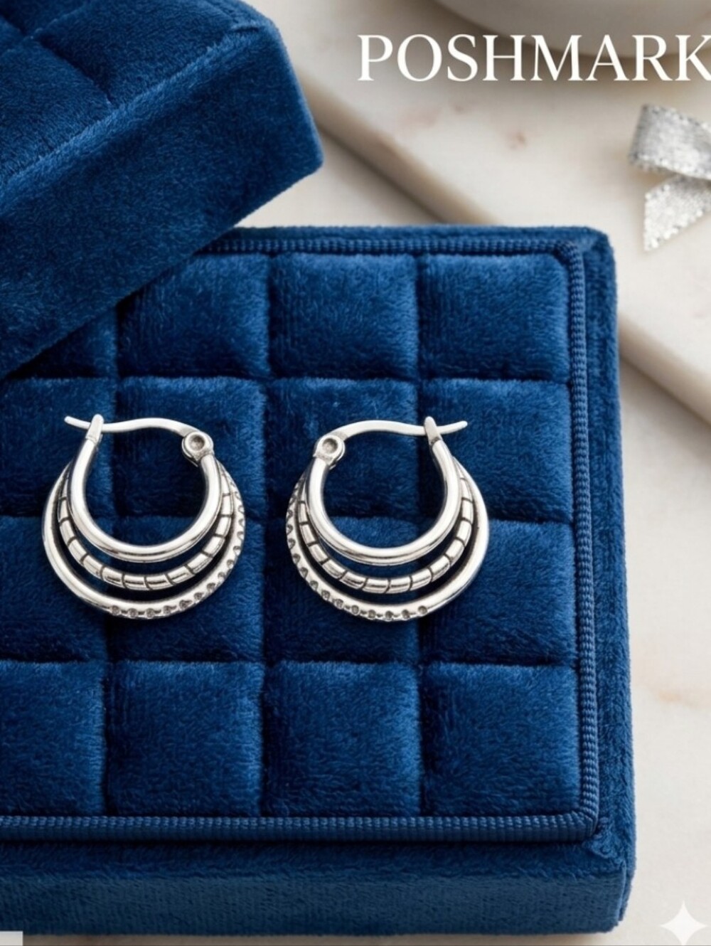 NWT Brand New Sterling Silver 925 Triple Row Hoop Earrings ✨ beautifully Crafted